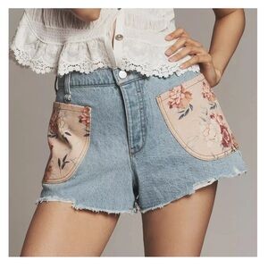 Pilcro Denim Shorts with Pink Floral Patch Pockets
